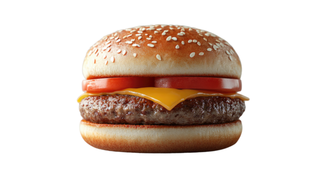 Classic Cheeseburger:  A mouthwatering cheeseburger, featuring a juicy beef patty topped with melted cheese and a fresh tomato slice, all nestled in a golden sesame seed bun.  