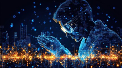 The Futuristic Integration of Technology and Humanity Depicted through Digital Art Showcasing a Man Engaged in Virtual Reality Experiences Amidst a Cityscape