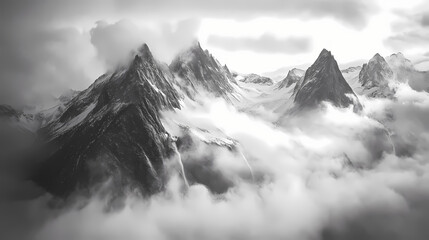 Obraz premium Majestic soaring mountains rising above the clouds with breathtaking waterfalls cascading through the misty valleys. Zenith Fjord. Illustration