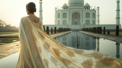 An Indian woman draped in a luxurious silk sari with gold embroidery, standing in front of the Taj Mahal. Her sari flows elegantly in the breeze, and she accessorizes with traditional gold jewelry. Th
