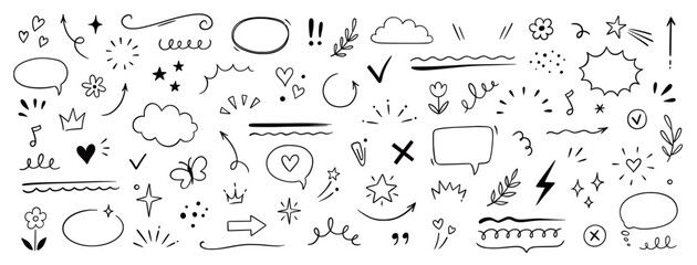 Cute line sketch star, arrow, cloud decoration element icon set. Hand drawn sketch doodle cute star, heart, flower element. Line text decoration scribble shape icon. Hand drawn Vector illustration. © Polina Tomtosova