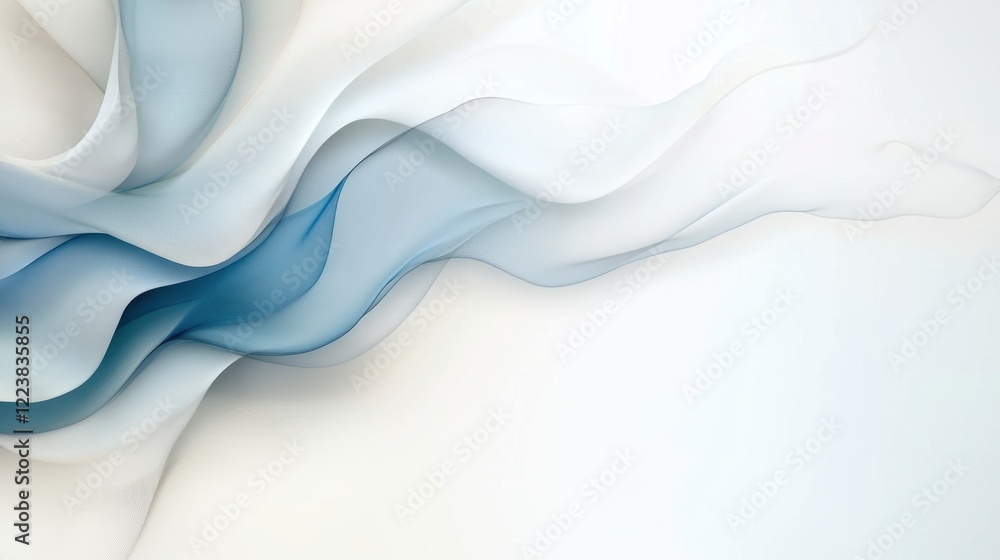 Poster abstract flowing fabric waves in soft white and blue tones, creating a serene and elegant design sui