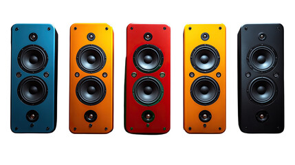 Sound System Collection: Five high-fidelity speakers in vibrant colors, featuring two woofers and a tweeter, promising a rich and immersive audio experience. 