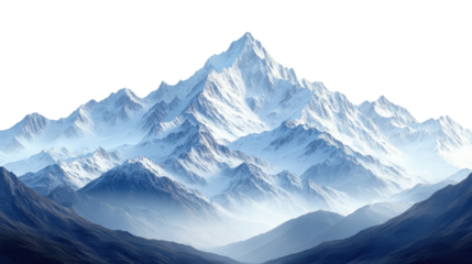 Majestic Snow-Capped Peak: A breathtaking panoramic view of a majestic snow-capped mountain peak piercing a misty sky, its slopes shrouded in ethereal clouds, evoking a sense of awe and wonder.