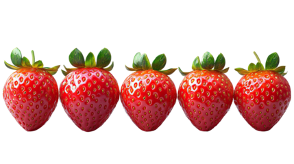 Five Perfect Strawberries: A row of five ripe, juicy strawberries, each displaying its vibrant red color and fresh green leaves, arranged in a visually appealing pattern.