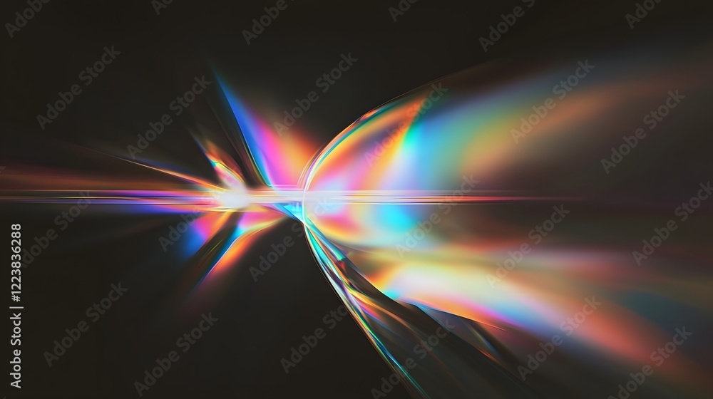 Poster Stunning prism inspired light leak effect with shimmering glow scattered bokeh highlights and dynamic flares on a rich black background  Vibrant colors refraction and diffraction create an abstract