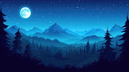 A Full Moon Illuminates a Silhouetted Forest and Mountains at Night