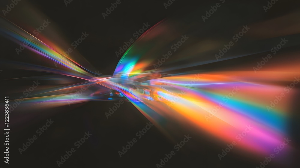 Aufkleber Mesmerizing Prismatic Light Leak Texture with Ethereal Bokeh and Intricate Flares on Deep Black Canvas  This vibrant and colorful digital artwork offers an otherworldly captivating