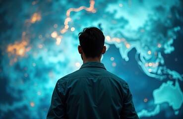 Man stands looking at global weather map. Meteorologist analyzes long-term climate trends. Global weather patterns displayed. Study of weather conditions, climate changes. Man in teal shirt focuses