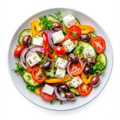 A colorful Mediterranean salad with olives and feta cheese, isolated white background, pop art style