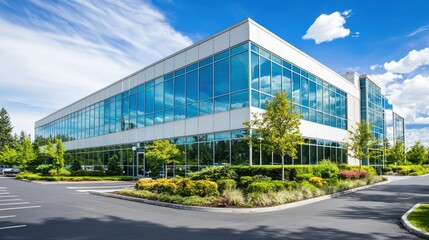 Obraz premium Modern Office Building, Sunny Day, Landscaping