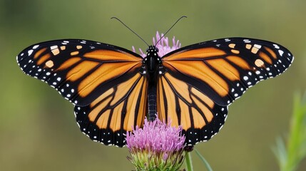 Naklejka premium Monarch Butterfly on Thistle: A Stunning Close-Up