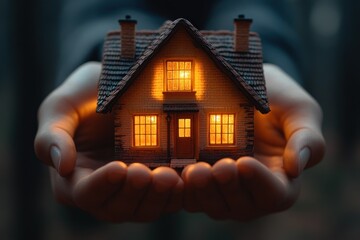 Miniature Modern Cottage House Held by Woman in Formal Jacket, Realtor Showcasing Home Ownership and Investment Opportunities