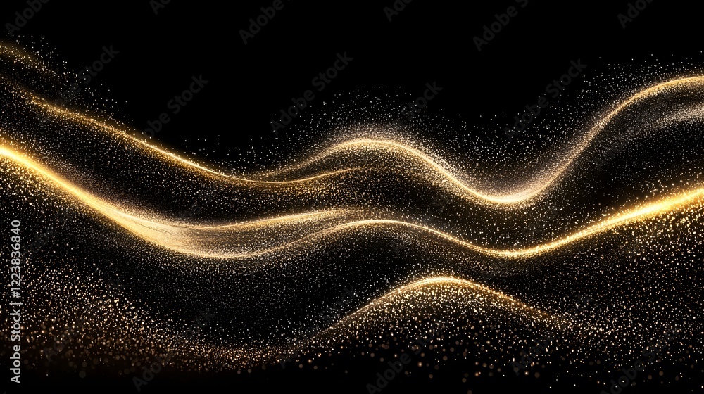 Aufkleber Mesmerizing golden dust sparkle texture forming delicate waves against a sleek black background perfect for a glamorous and high end visual effect