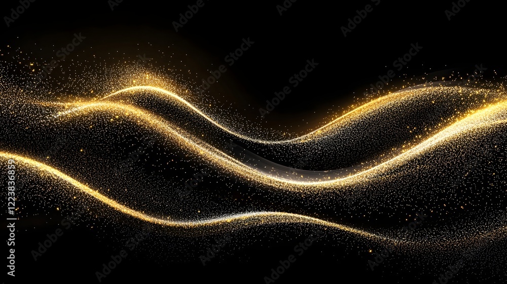 Leinwandbilder Captivating abstract scene of golden glitter dust waves beautifully twinkling and shimmering on a rich elegant black background creating a dynamic and dazzling visual effect