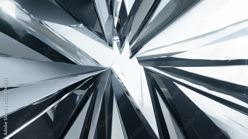 Poster rotating video of sharp angular shards in white and black, with contrasting light and dynamic shadow