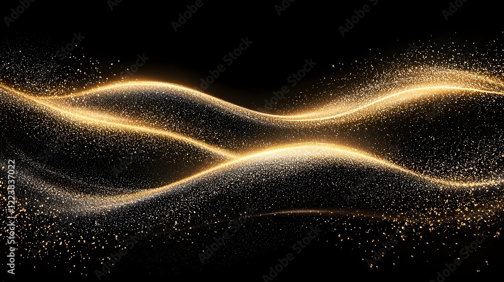 Aufkleber Mesmerizing and Opulent Golden Wave Texture with Scattered Sparkling Particles Cascading over a Rich Black Background Creating a Captivating and Elegant Visual Appeal