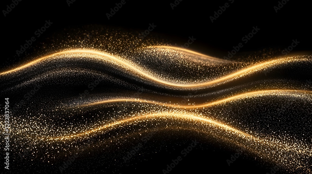 Poster Stylish and modern gold dust wave texture with scattered sparkling particles over a black background creating a rich and opulent visual appeal