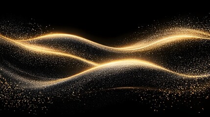 Mesmerizing and Opulent Golden Wave Texture with Scattered Sparkling Particles Cascading over a Rich Black Background Creating a Captivating and Elegant Visual Appeal