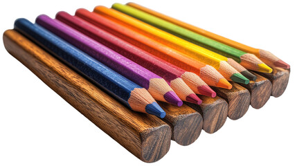 Obraz premium Rainbow of Color: A close-up view of a vibrant set of colored pencils, each with a distinct hue, arranged in a wooden holder, ready to spark creativity.
