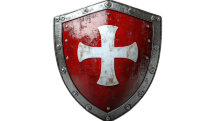 Medieval Crusader Shield: A weathered, red shield bearing a white cross, evocative of medieval times and crusader history. The metal rivets and worn paint add a sense of age and authenticity.