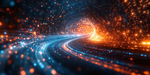 Obraz premium Futuristic Abstract Scene with Glowing Lines in Blue and Orange Motion Blur 3D Rendering Panoramic View