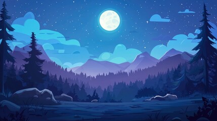 Naklejka premium A Nighttime Forest Landscape with a Full Moon and Stars