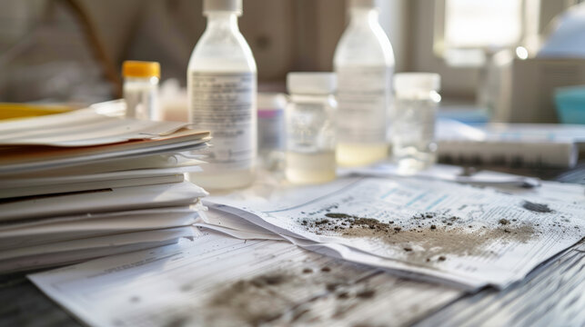 Mold testing kits and documents on table, indicating home inspection