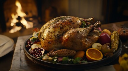Roasted turkey Thanksgiving dinner fireplace