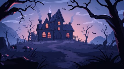 A Haunted House on a Hill with Smoke Coming from the Chimney at Dusk
