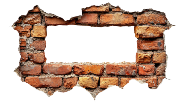 Broken Brick Wall Frame: A rectangular hole ripped through an old brick wall, creating a rustic frame perfect for design and photo composition.