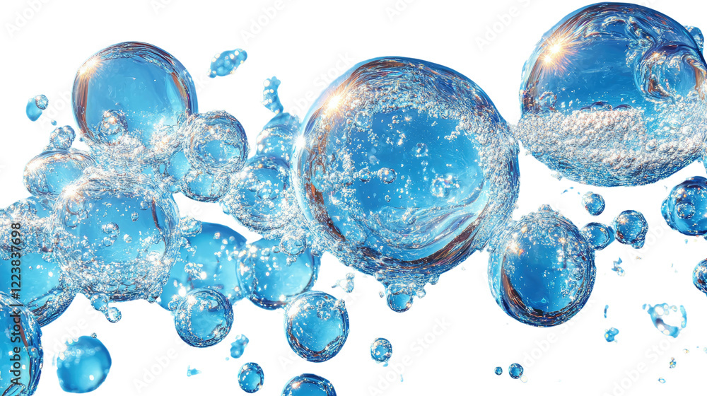 Poster aqua bubbles: a mesmerizing collection of translucent blue bubbles floats, creating an ethereal unde