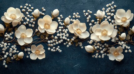 Fototapeta premium Elegant creamy white magnolia blossoms and baby breath flowers