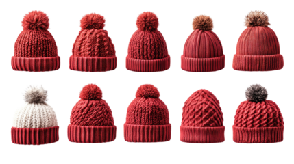 Red Pom Pom Beanie Collection: A stylish array of red knit beanies with fluffy pom poms, showcasing various textures and patterns for winter warmth and fashion. 