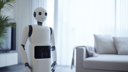 A humanoid robot adjusting a home air purifier in a sleek living room, focusing on the purifier settings and clean surroundings, Modern style
