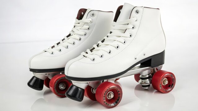 Pair of White Roller Skates with Red Wheels