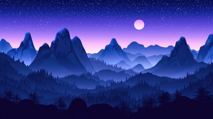 Fototapeta premium Silhouetted Mountains Under a Starry Night Sky with a Full Moon
