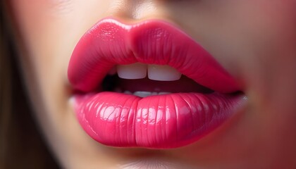 Obraz premium Glossy pink lips adorned with glitter, The background is studio, close up full lips