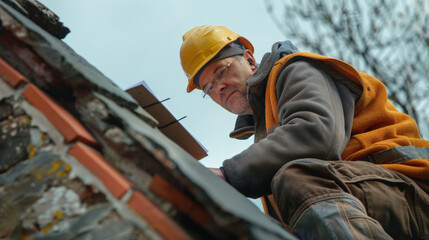 Professional worker inspecting roof while jotting down notes