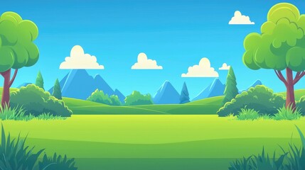 Obraz premium Cartoon Landscape with Blue Mountains and Green Trees