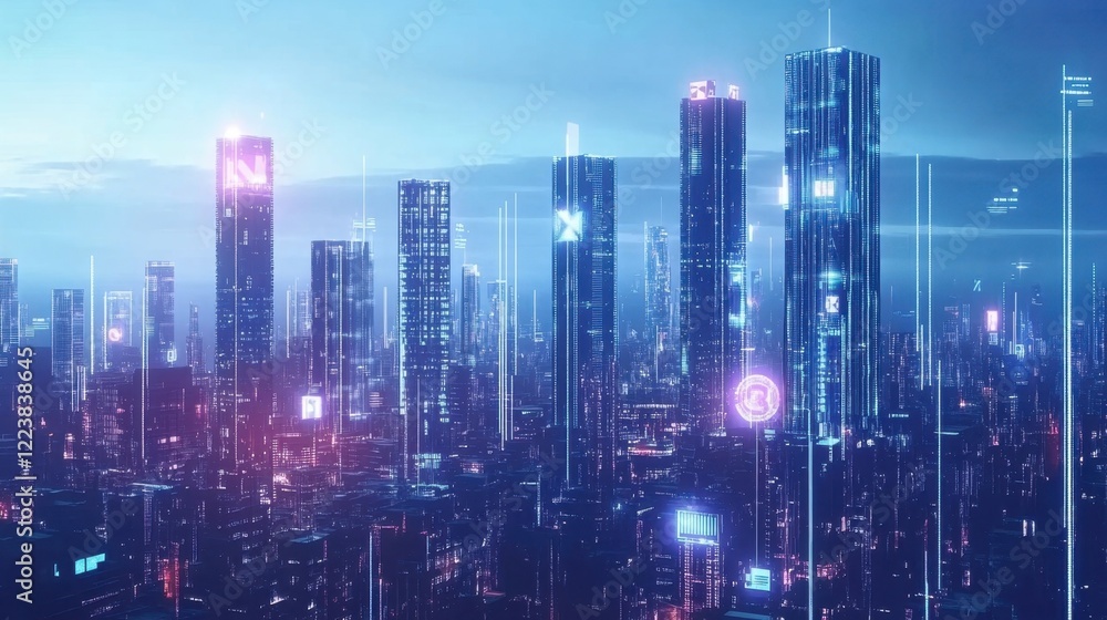 Poster a dynamic cityscape composed of shimmering skyscrapers each adorned with animated adver for nonfungi
