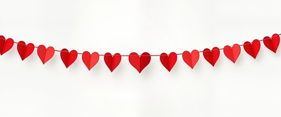 Obraz premium Red paper hearts hang on string. Festive decoration for Valentine Day. Romantic and lovely decor. Ideal for parties or celebrations. Simple and cute design. Perfect for adding charm to any space.