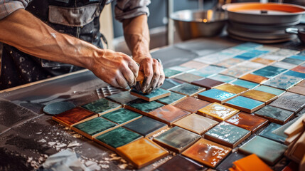 Fototapeta premium Professional tiler working on kitchen backsplash with colorful tiles