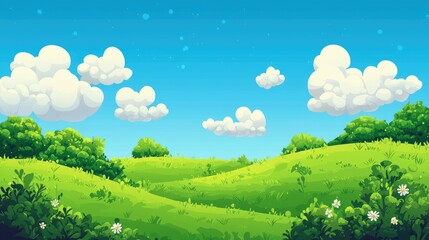 Obraz premium Lush Green Hills and Blue Sky with White Fluffy Clouds