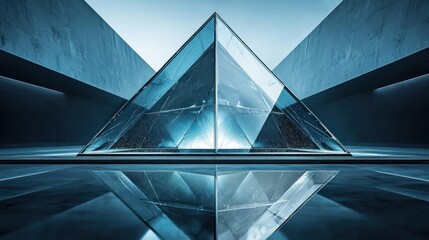 Obraz premium Abstract Glass Pyramid in a Modern Blue Hallway