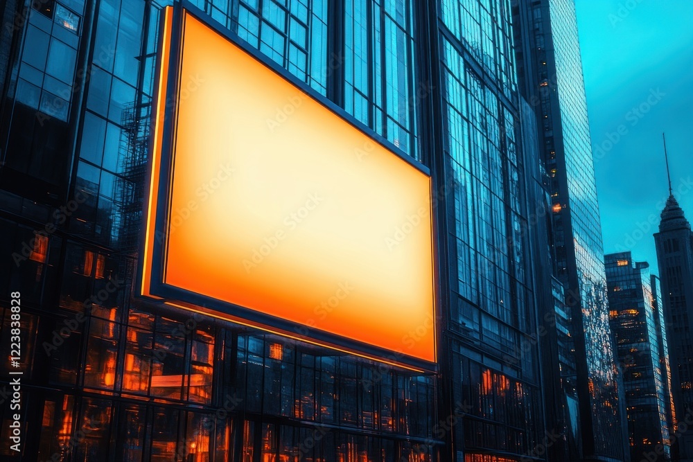 Poster modern skyscraper with empty billboard and illuminated windows at dusk