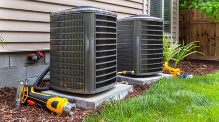 Efficient residential HVAC system with maintenance tools in garden