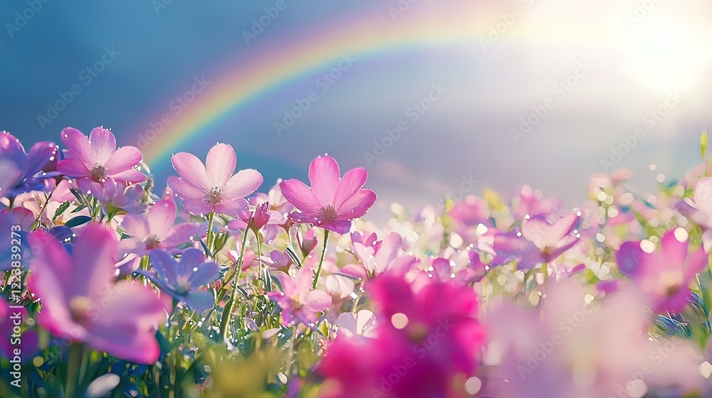 Wall mural vibrant pink and purple cosmos flowers field with a bright rainbow and sun.