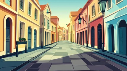 Obraz premium A Colorful European Street with Arched Doorways and Streetlights
