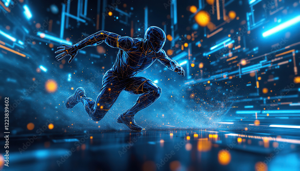 Poster futuristic athlete running through digital space